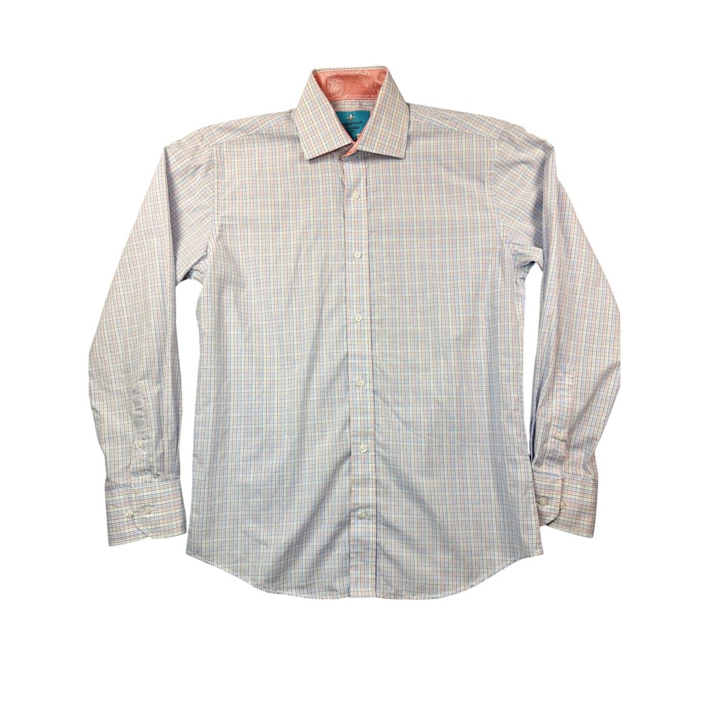 Christian Aujard Paris Mens Check Dress Shirt Orange Paisley Trim Blue White‎ S